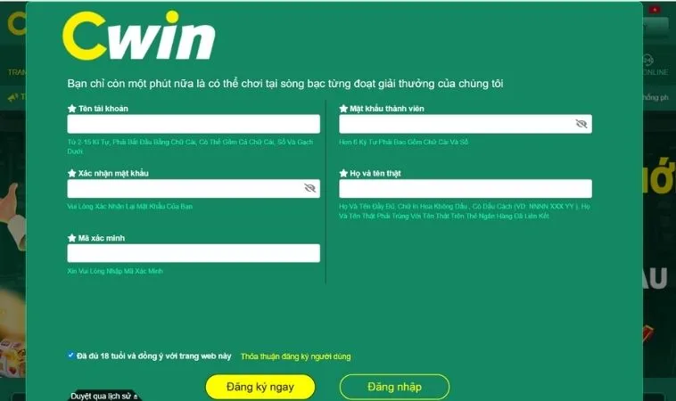 Đăng Ký CWin Nhanh Chóng Để Nhận Thưởng Khủng Hôm Nay 2 Giao diện đăng ký CWin